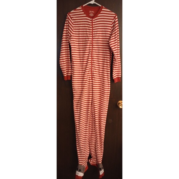 Nick & Nora Adult Sock Monkey Feet Pajama One Piece- Rave, Red Stripe, Christmas - Picture 2 of 9